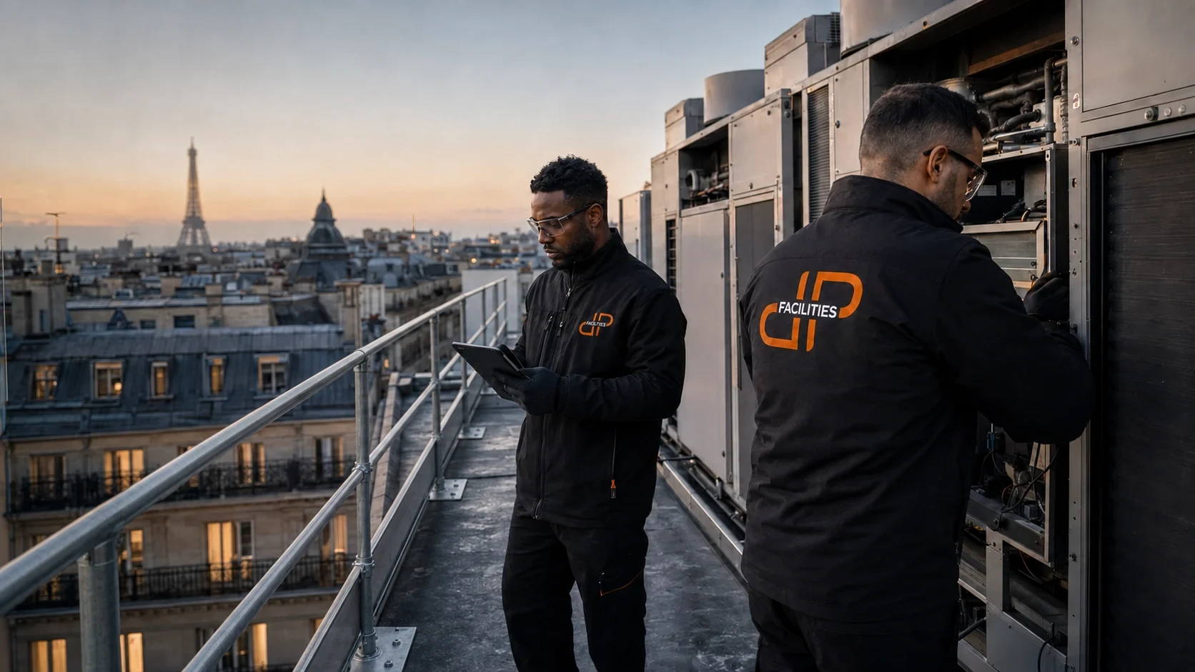 Visuel de marque : deux techniciens en tenue J&P, en inspection d’équipements CVC sur une toiture parisienne