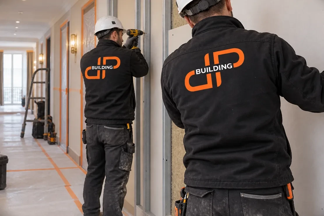 Visuel de marque : deux techniciens en tenue J&P Building dans un appartement en rénovation